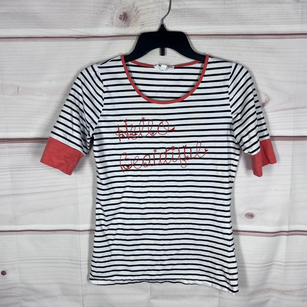 THML Striped T-Shirt Womens Small Navy White Hello‎ Beautiful Embroidered Top